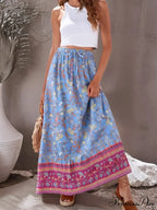 Retro Bohemian Azure Flower Pattern Fringe Shore Skirt Tall Stretchy A-Line