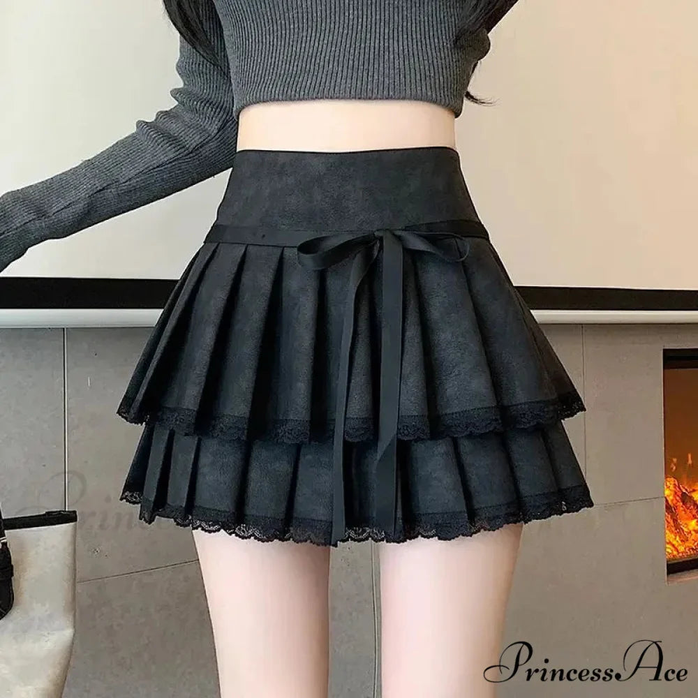Retro Bow Folded Faux Leather Skirt