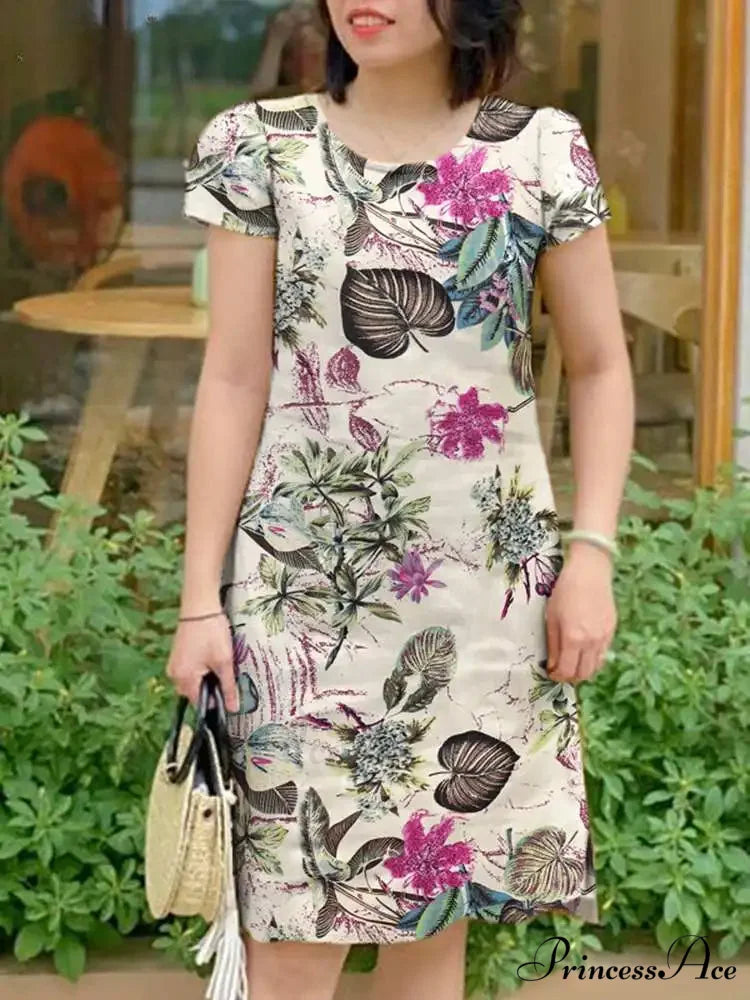 Retro Brief Sleeve Flower Vacation Flower Dress