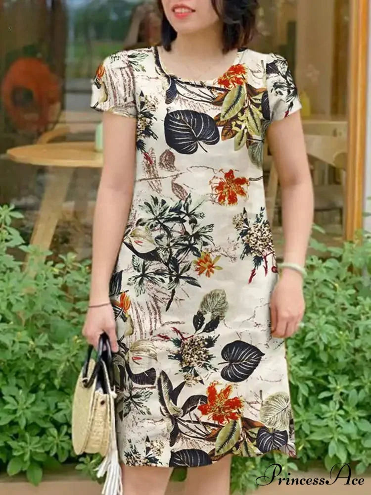 Retro Brief Sleeve Flower Vacation Flower Dress