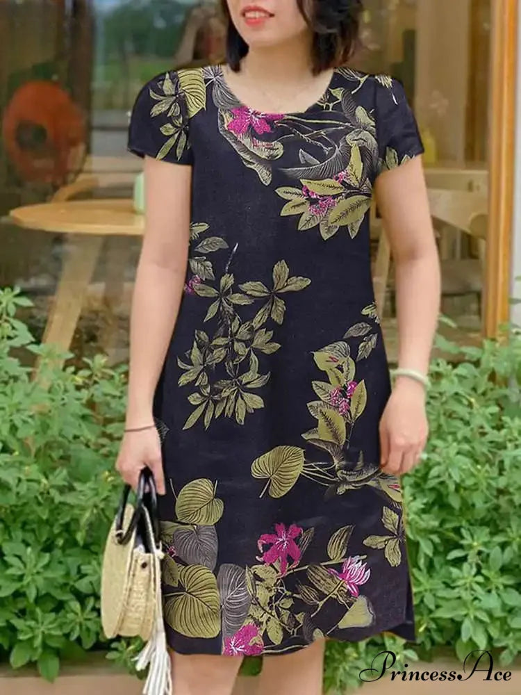 Retro Brief Sleeve Flower Vacation Flower Dress