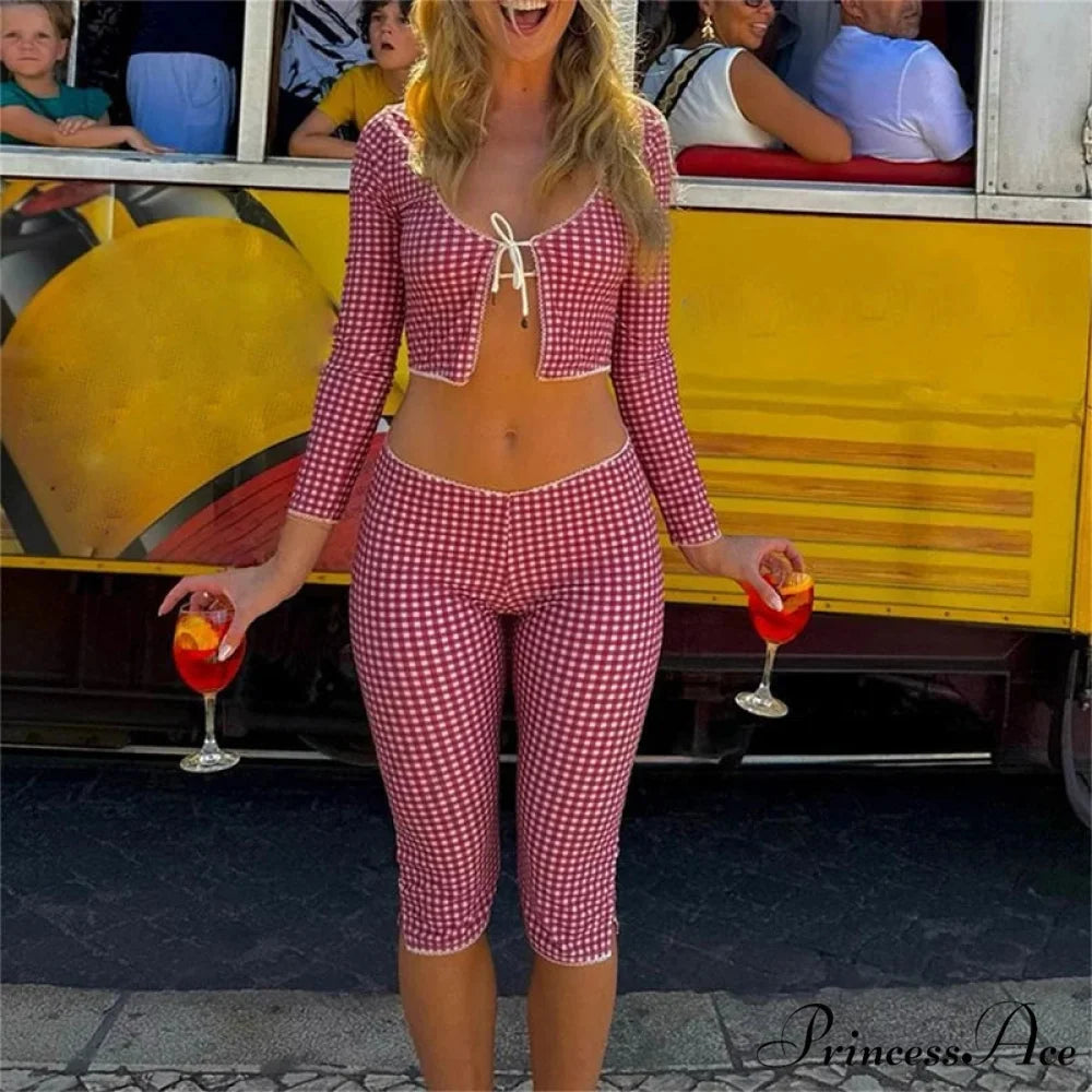 Retro Cottage Trim Fit T-shirt Checkered Tie Front Crop Top Low Waist Pants Two Pieces Set