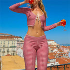 Retro Cottage Trim Fit T-shirt Checkered Tie Front Crop Top Low Waist Pants Two Pieces Set
