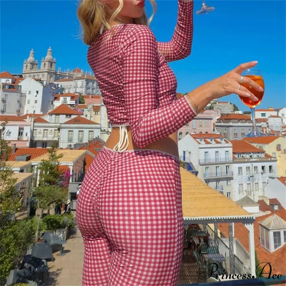 Retro Cottage Trim Fit T-shirt Checkered Tie Front Crop Top Low Waist Pants Two Pieces Set