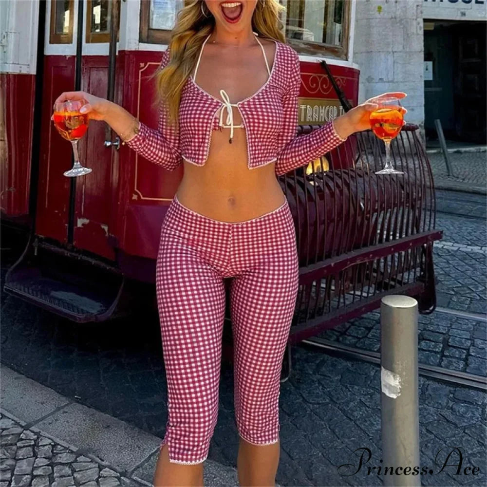 Retro Cottage Trim Fit T-shirt Checkered Tie Front Crop Top Low Waist Pants Two Pieces Set