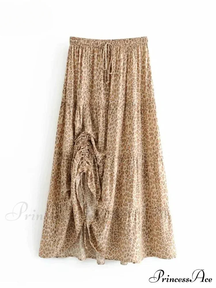 Retro Elegant Bohemian Leopard Print Fold Style High Stretch A-Line Skirt