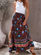 Retro Elegant Crimson Flowered Printed Seaside Bohemian Rayon Pleated A-Line Skirt