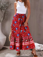 Retro Elegant Crimson Flowered Printed Seaside Bohemian Rayon Pleated A-Line Skirt
