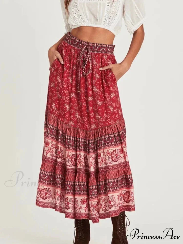 Retro Elegant Hippie Floral Peacock Printed High Waist Rayon A-Line Midi Boho Skirt