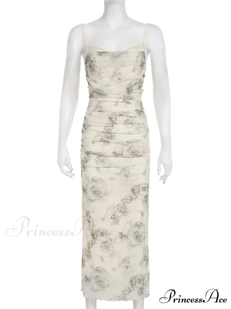Retro Floral Print for Women Sleeveless Strap V-neck Ruched Split Summer Party Female Vestidos