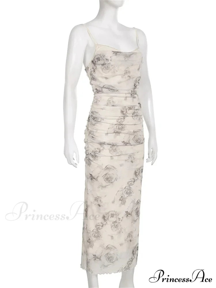 Retro Floral Print for Women Sleeveless Strap V-neck Ruched Split Summer Party Female Vestidos