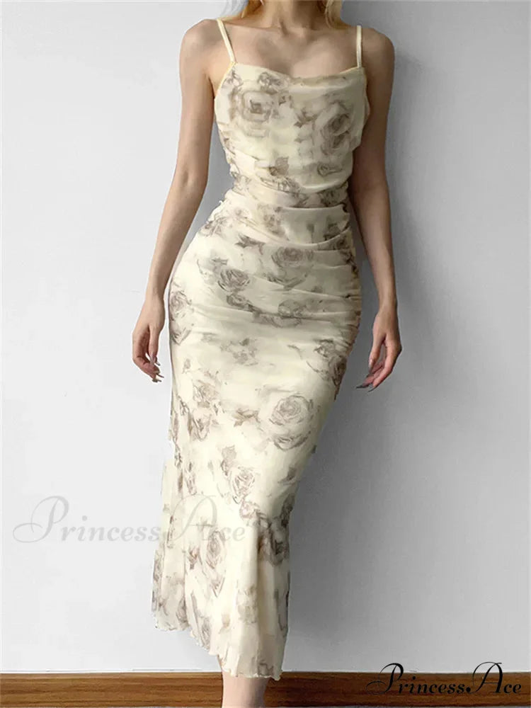 Retro Floral Print for Women Sleeveless Strap V-neck Ruched Split Summer Party Female Vestidos