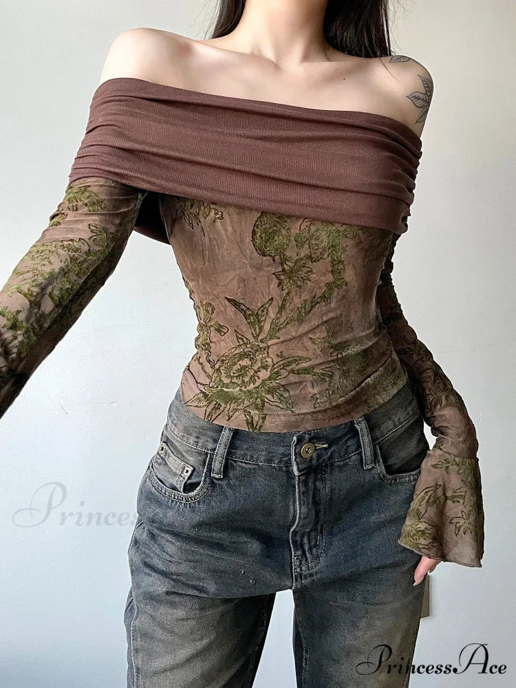 Retro Flower Patchwork Sleek Slash Neck Flare Sleeve Extended Sleeve Knit Top