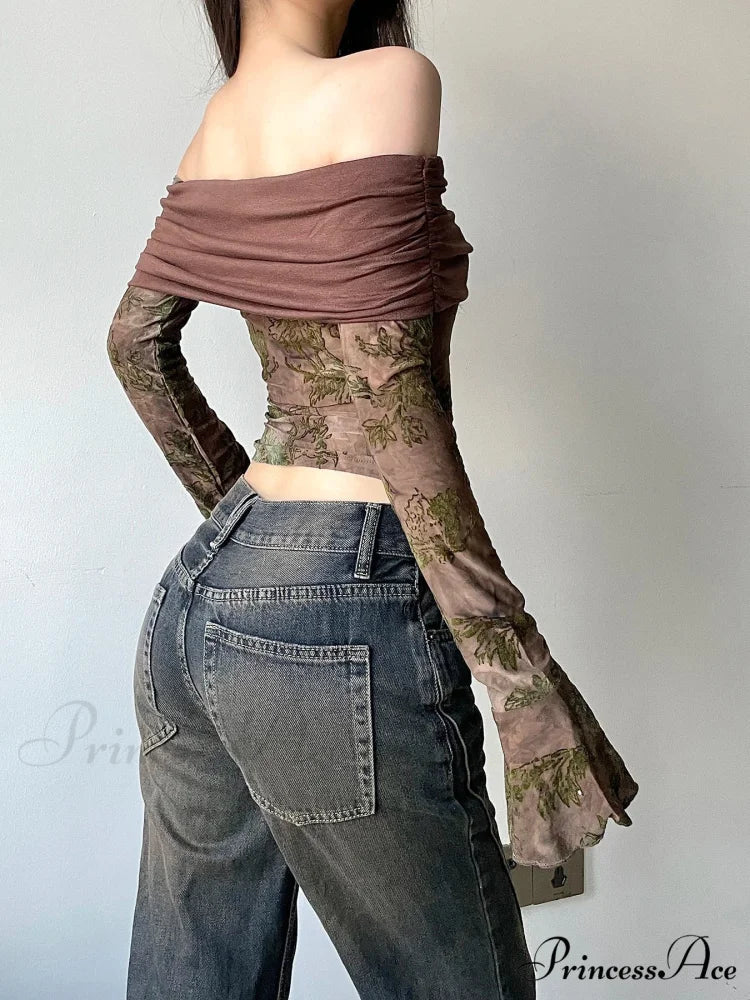 Retro Flower Patchwork Sleek Slash Neck Flare Sleeve Extended Sleeve Knit Top