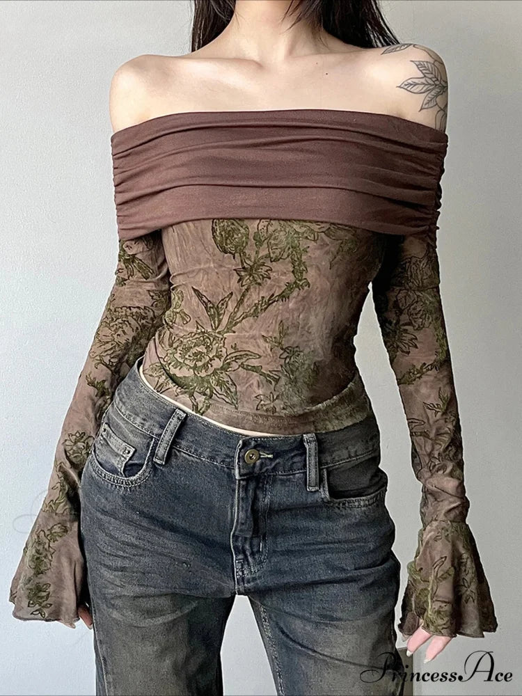 Retro Flower Patchwork Sleek Slash Neck Flare Sleeve Extended Sleeve Knit Top