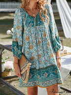 Retro Flower Pattern Bohemian Flare Dress