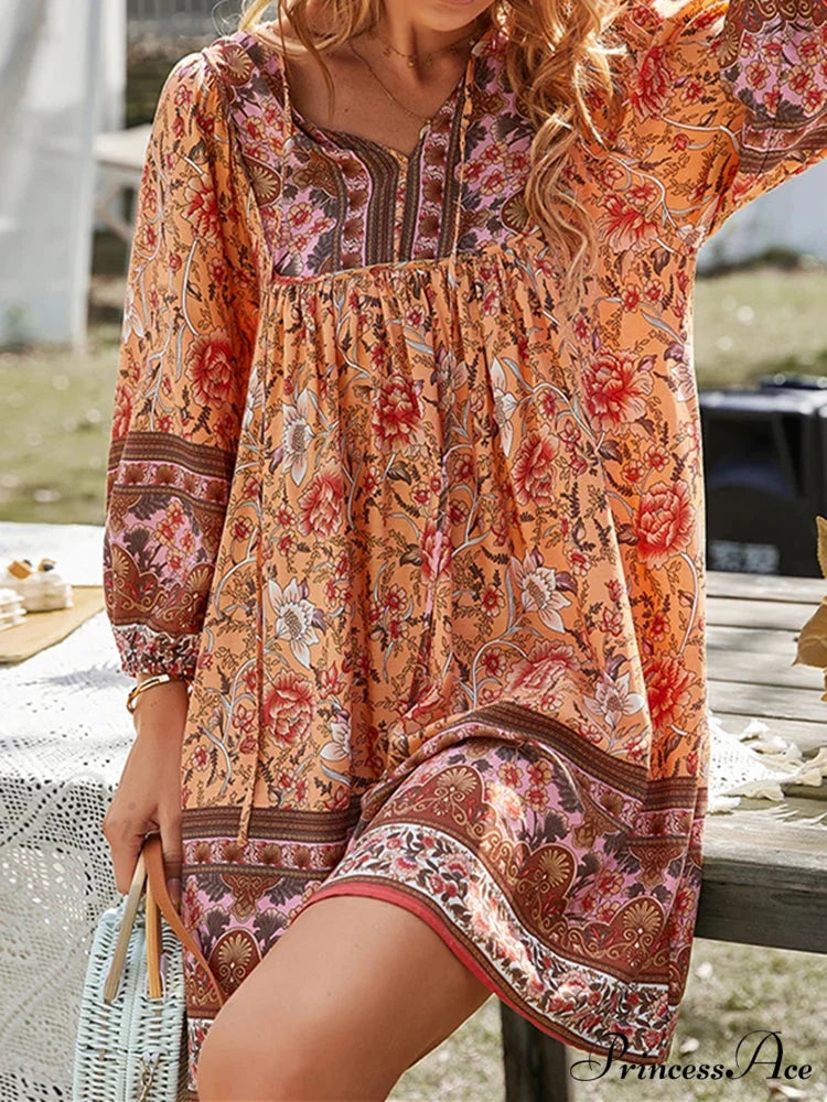 Retro Flower Pattern Bohemian Flare Dress