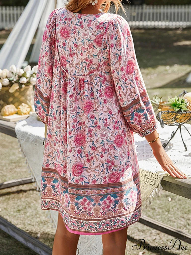 Retro Flower Pattern Bohemian Flare Dress