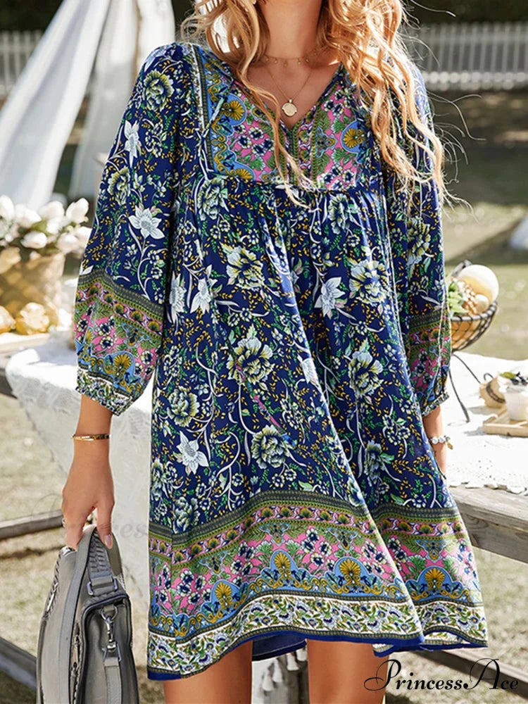 Retro Flower Pattern Bohemian Flare Dress