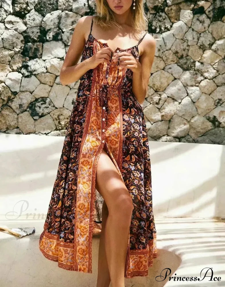 Retro Flower Pattern Bohemian Midi Dress