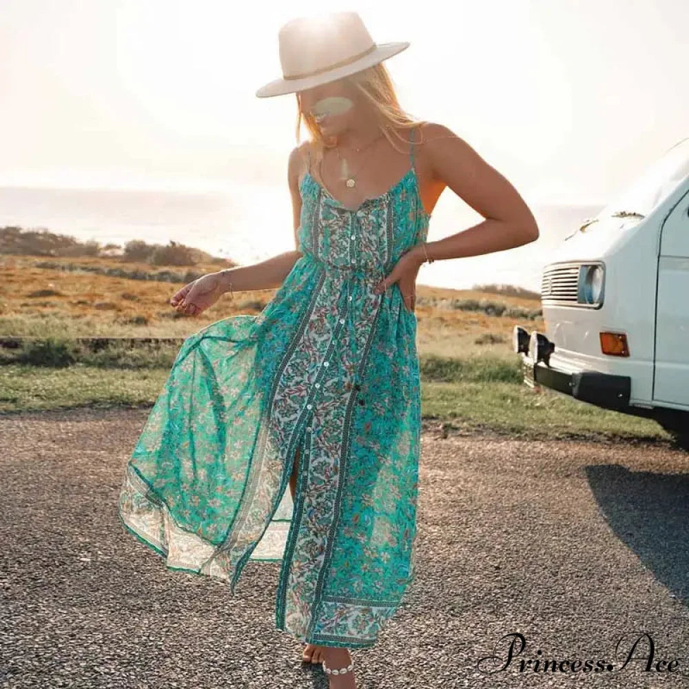 Retro Flower Pattern Bohemian Midi Dress