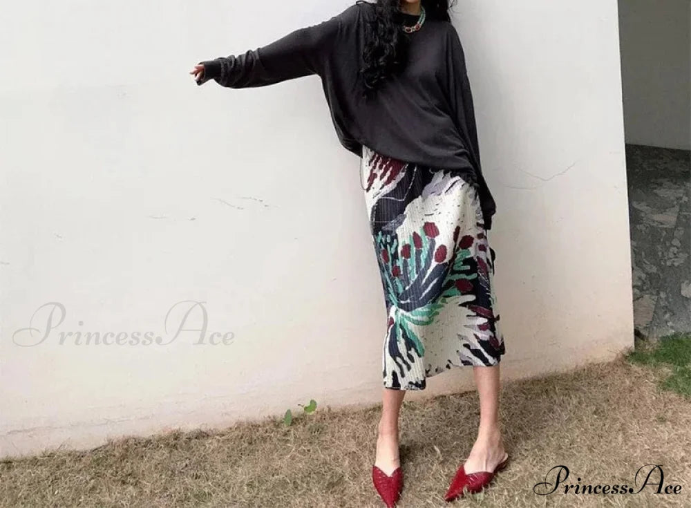 Retro Flower Pattern Folded Midi High Waist Slit A-Line Skirt