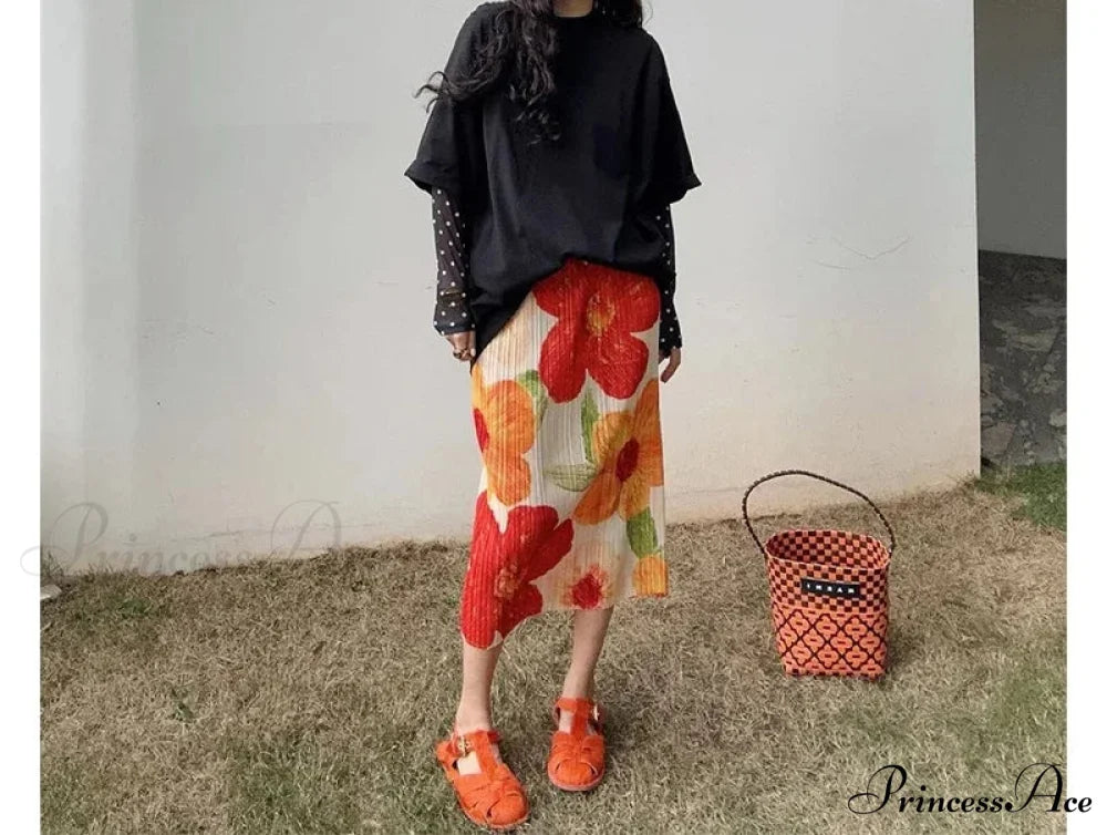 Retro Flower Pattern Folded Midi High Waist Slit A-Line Skirt