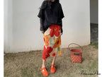 Retro Flower Pattern Folded Midi High Waist Slit A-Line Skirt