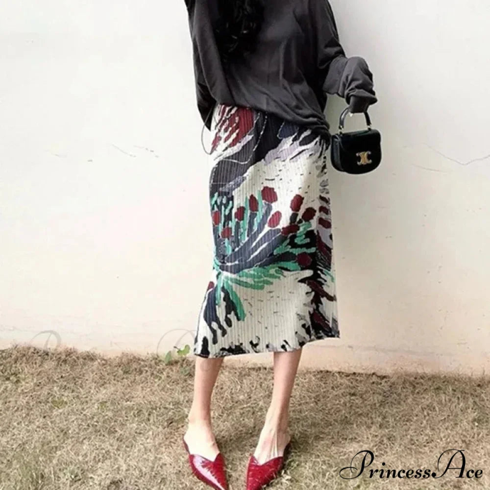 Retro Flower Pattern Folded Midi High Waist Slit A-Line Skirt