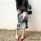 Retro Flower Pattern Folded Midi High Waist Slit A-Line Skirt