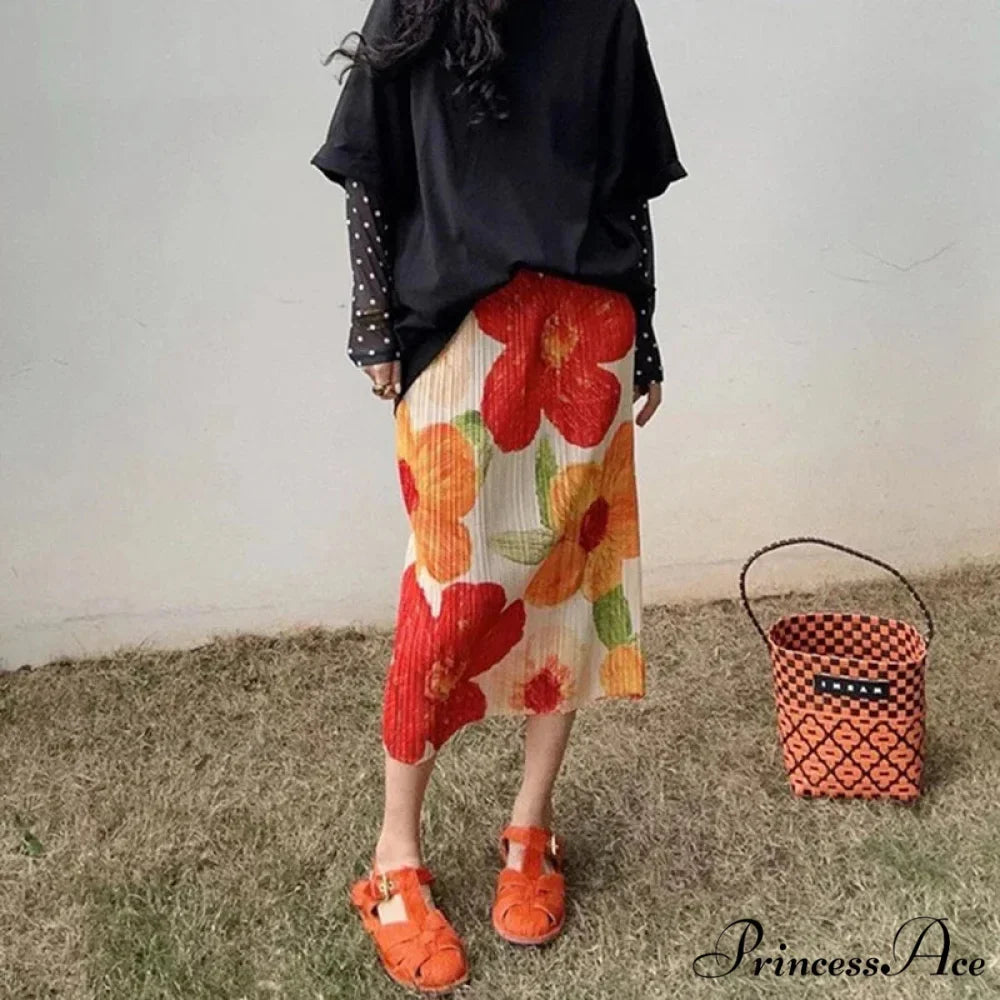 Retro Flower Pattern Folded Midi High Waist Slit A-Line Skirt