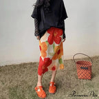 Retro Flower Pattern Folded Midi High Waist Slit A-Line Skirt