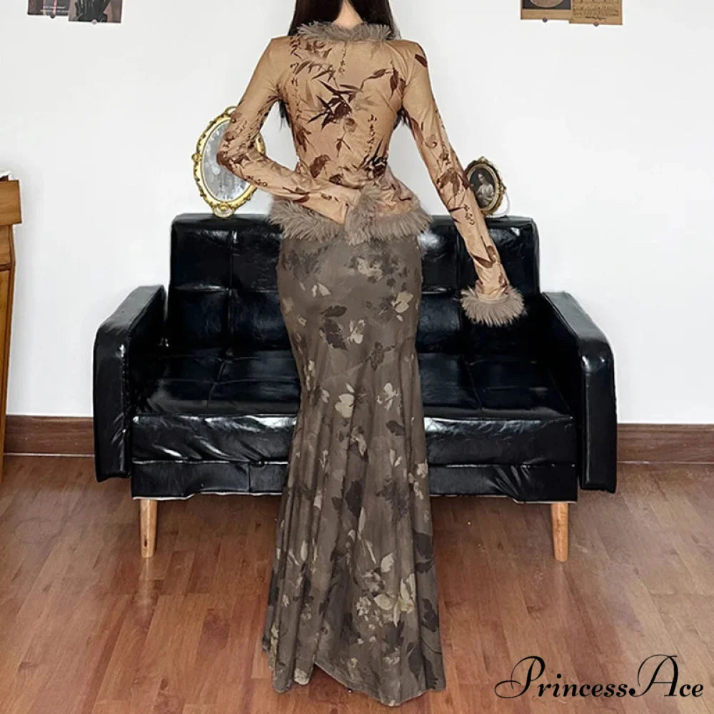 Retro Flower Pattern Long Skirt Edgy Fashion 2000s