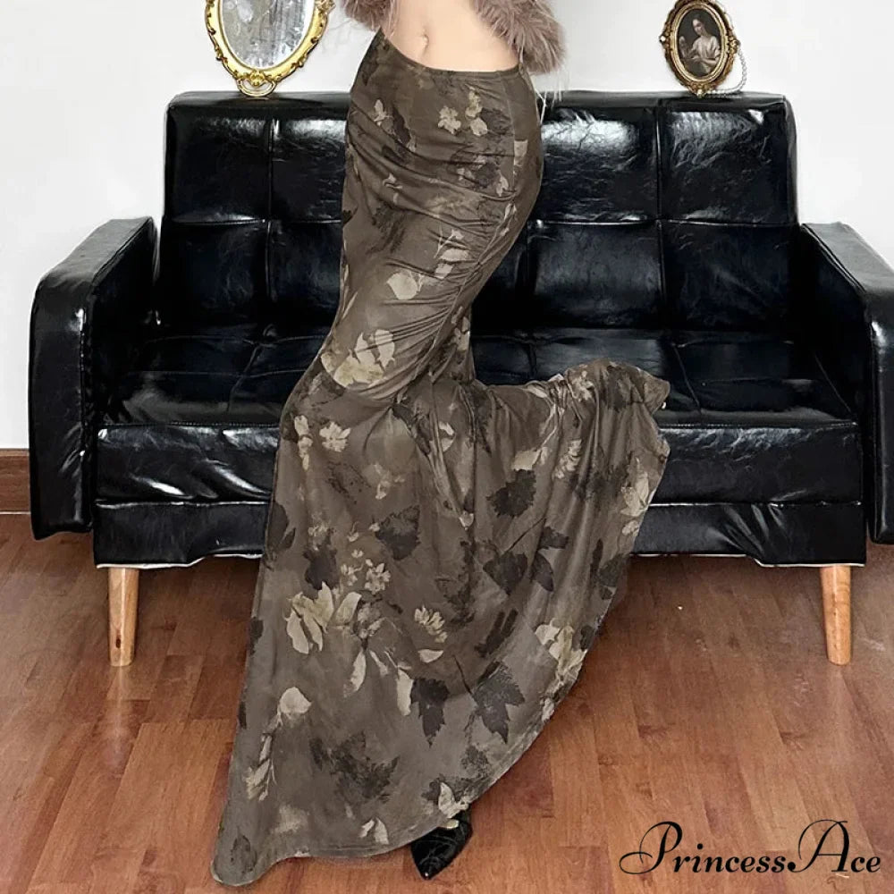 Retro Flower Pattern Long Skirt Edgy Fashion 2000s