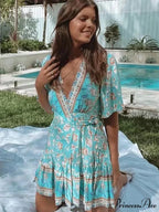 Retro Flower Pattern Short Sleeve V-neck Seductive Mini Boho Dress
