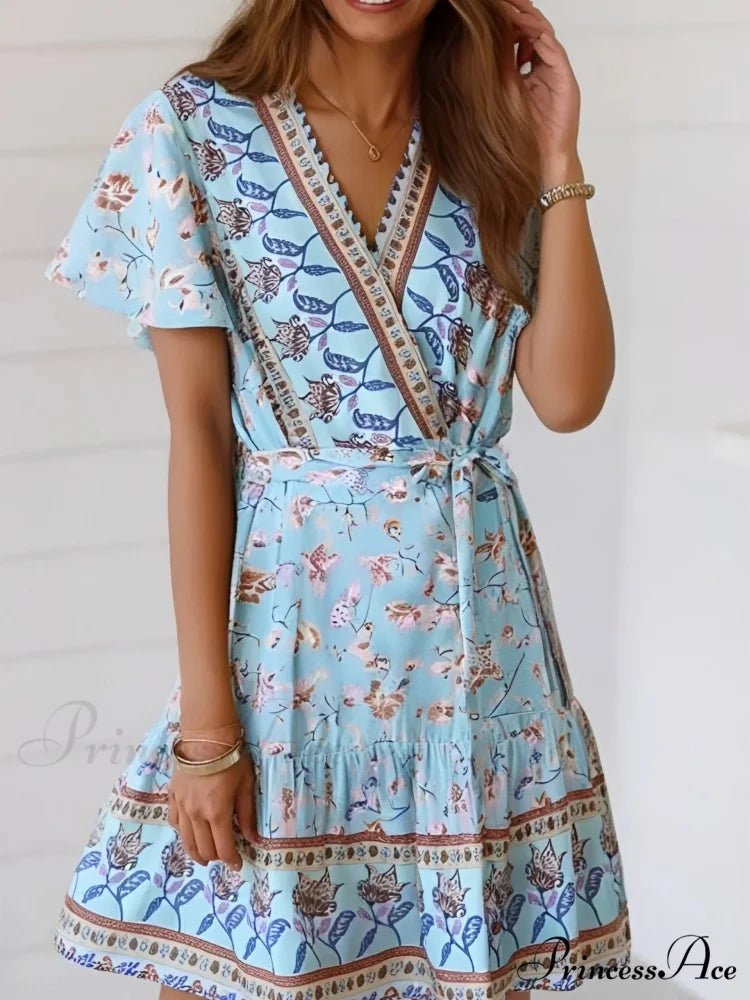 Retro Flower Pattern Short Sleeve V-neck Seductive Mini Boho Dress