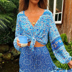 Retro Flowered Long Skirt Informal Shore Bohemian Rayon Stretchy Waist Fasten