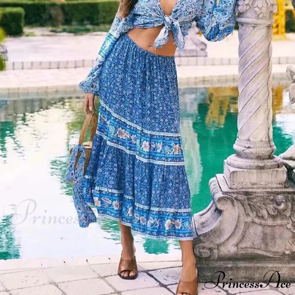 Retro Flowered Long Skirt Informal Shore Bohemian Rayon Stretchy Waist Fasten