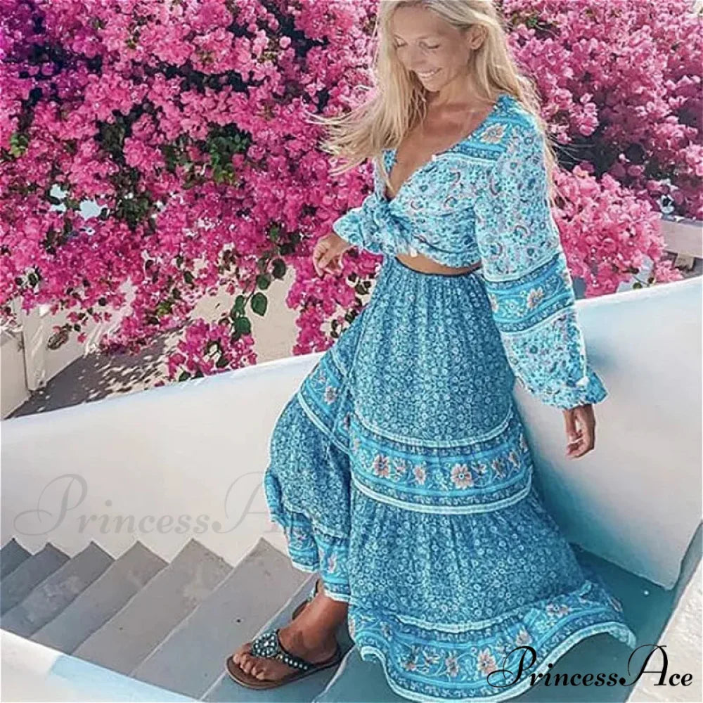 Retro Flowered Long Skirt Informal Shore Bohemian Rayon Stretchy Waist Fasten