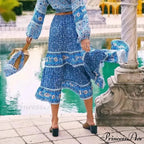 Retro Flowered Long Skirt Informal Shore Bohemian Rayon Stretchy Waist Fasten