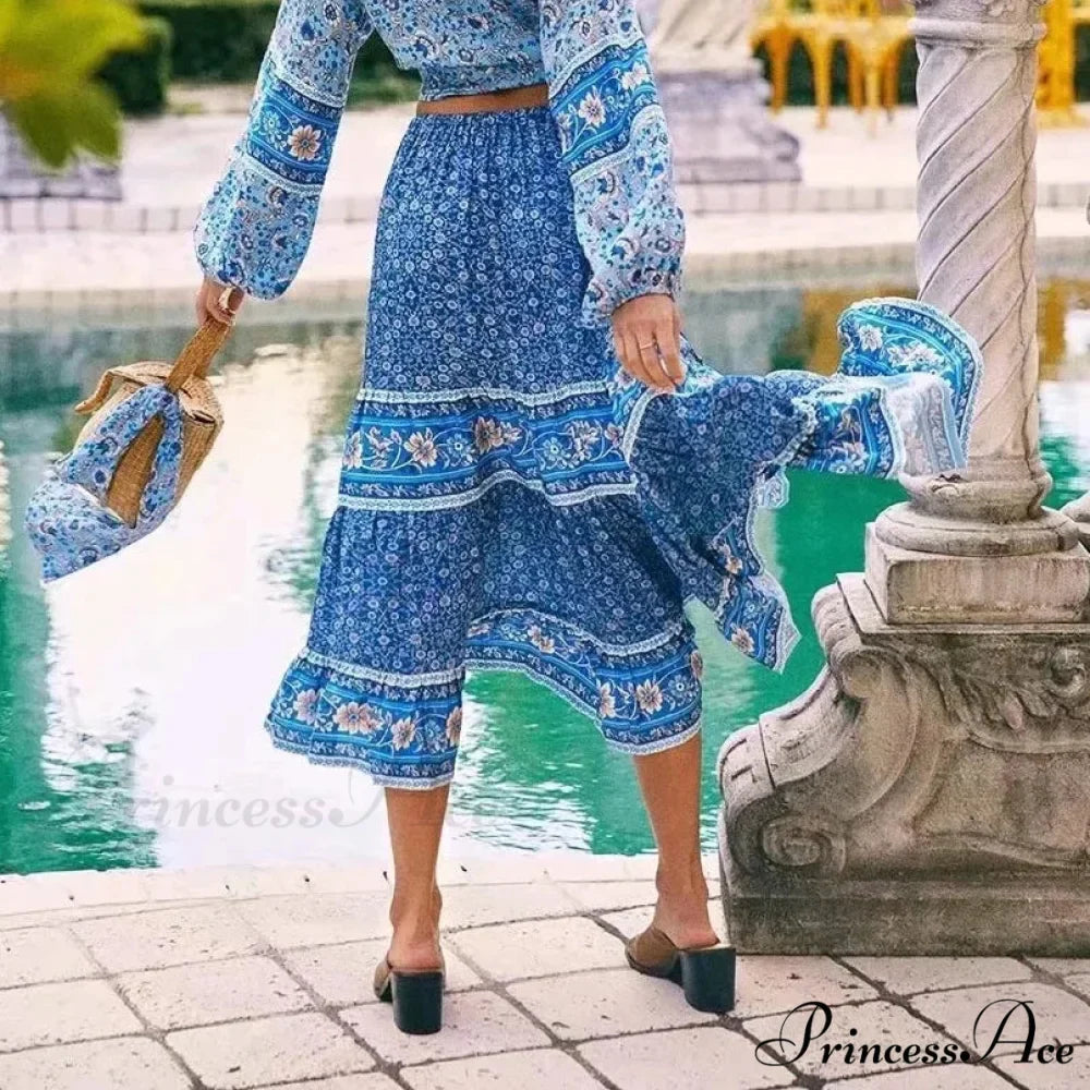 Retro Flowered Long Skirt Informal Shore Bohemian Rayon Stretchy Waist Fasten