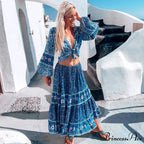 Retro Flowered Long Skirt Informal Shore Bohemian Rayon Stretchy Waist Fasten