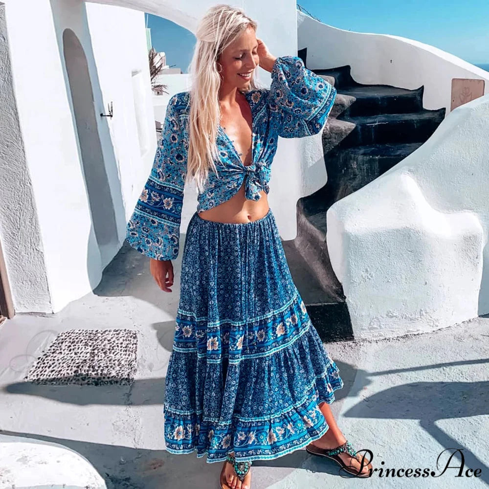 Retro Flowered Long Skirt Informal Shore Bohemian Rayon Stretchy Waist Fasten