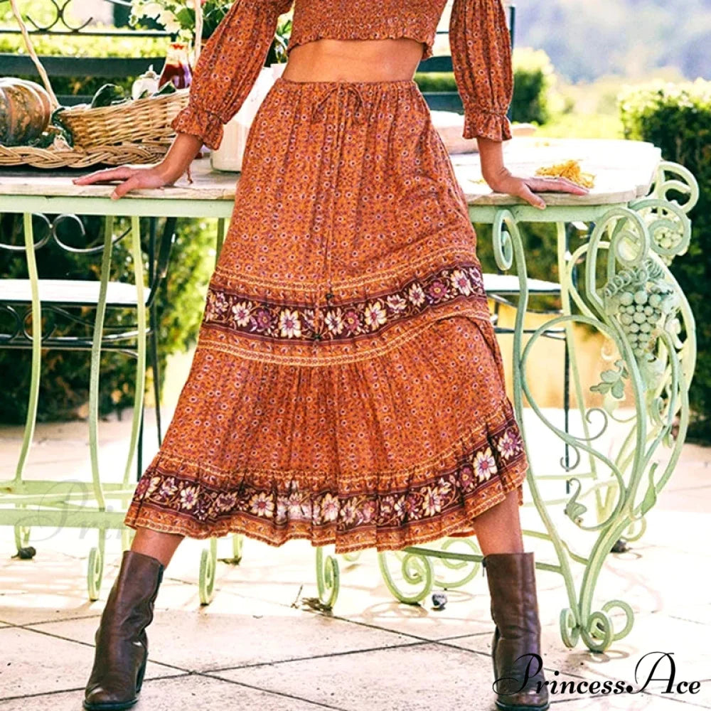 Retro Flowered Long Skirt Informal Shore Bohemian Rayon Stretchy Waist Fasten