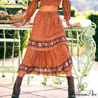 Retro Flowered Long Skirt Informal Shore Bohemian Rayon Stretchy Waist Fasten