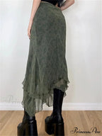 Retro Flowered Midi Skirt Elevated Waist Net Uneven