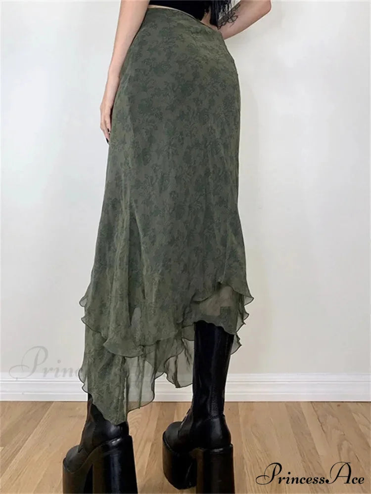 Retro Flowered Midi Skirt Elevated Waist Net Uneven