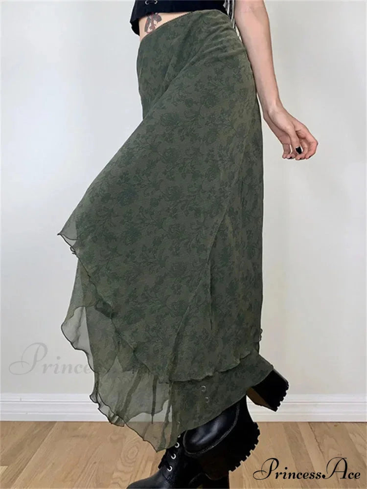 Retro Flowered Midi Skirt Elevated Waist Net Uneven