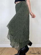 Retro Flowered Midi Skirt Elevated Waist Net Uneven