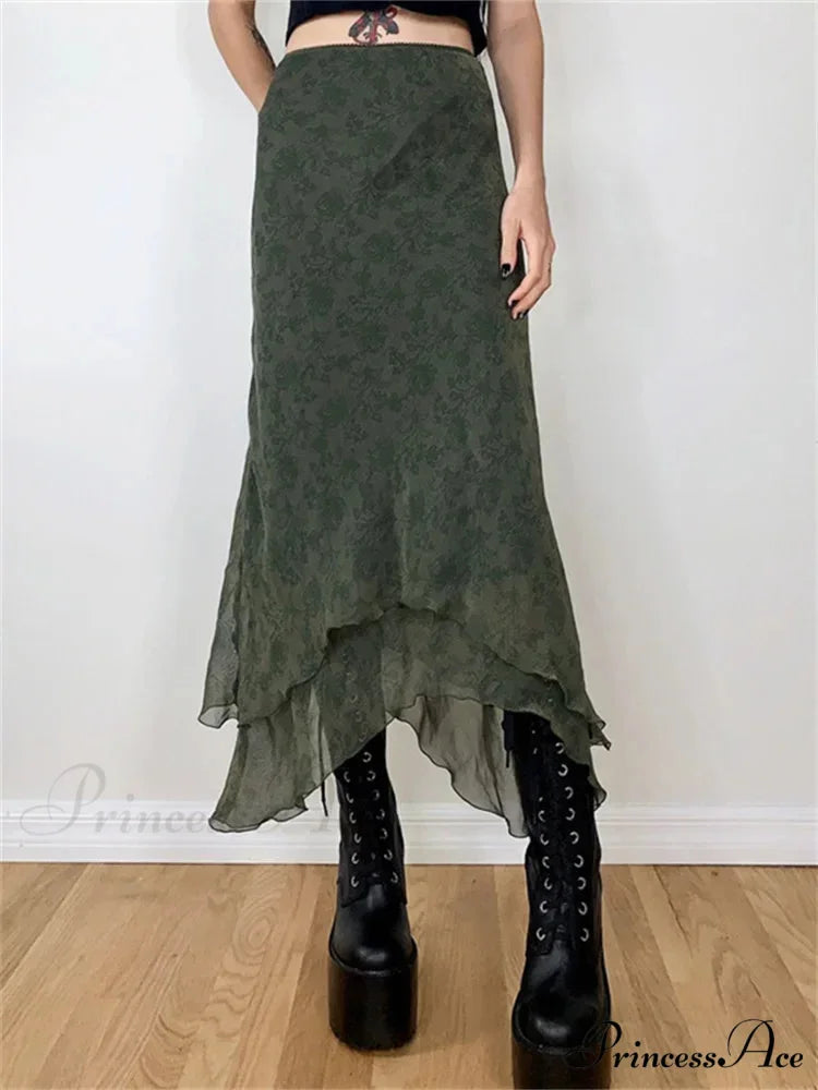 Retro Flowered Midi Skirt Elevated Waist Net Uneven